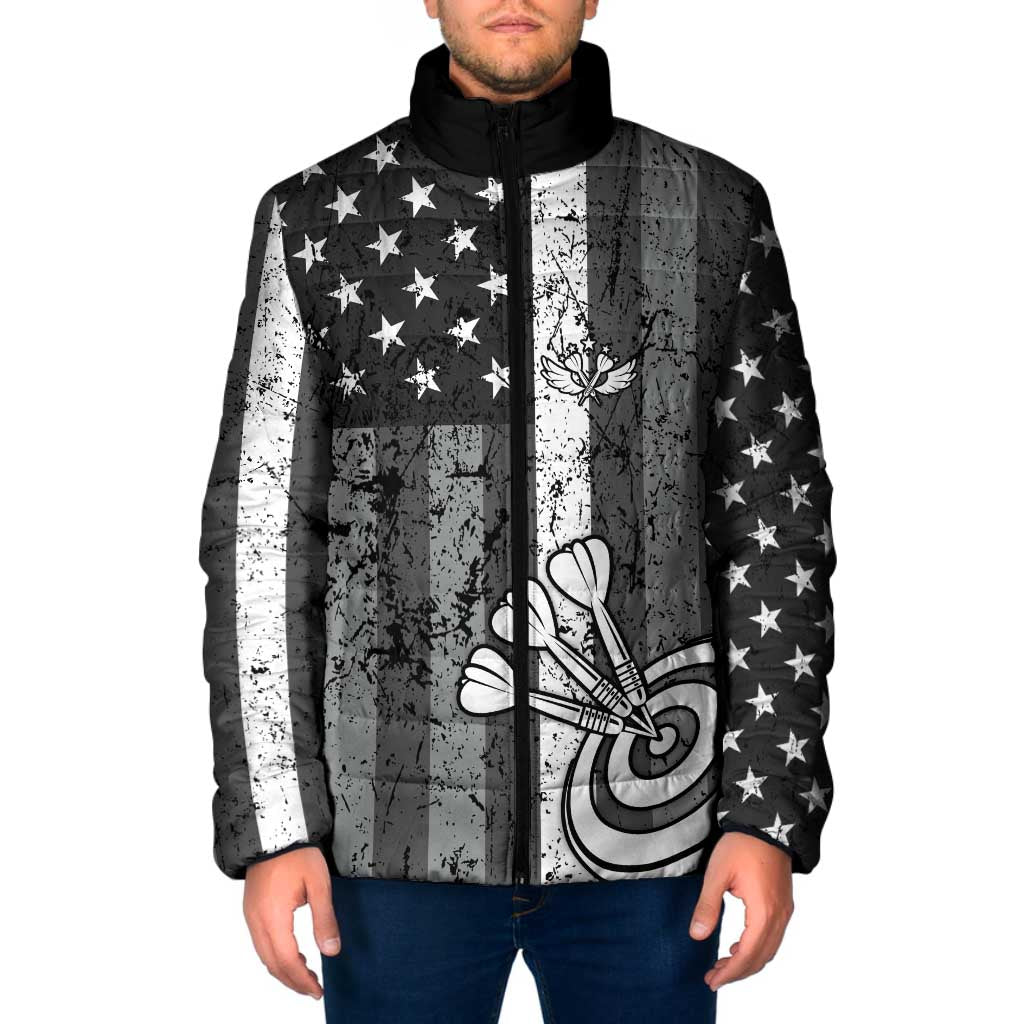 Grunge American Flag Darts Padded Jacket with Dartboard Target and Black White Stars - Wonder Print Shop