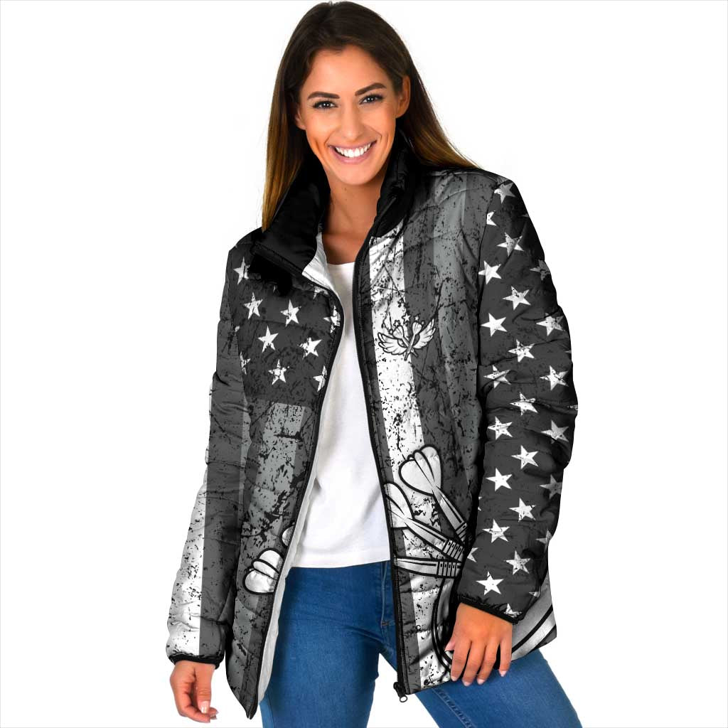 Grunge American Flag Darts Padded Jacket with Dartboard Target and Black White Stars - Wonder Print Shop