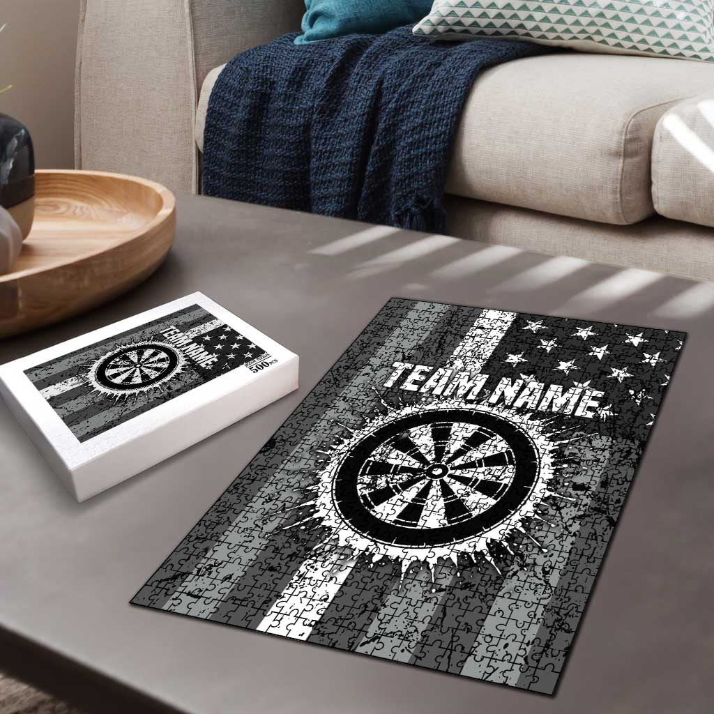 Grunge American Flag Darts Puzzle with Dartboard Target and Black White Stars - Wonder Print Shop