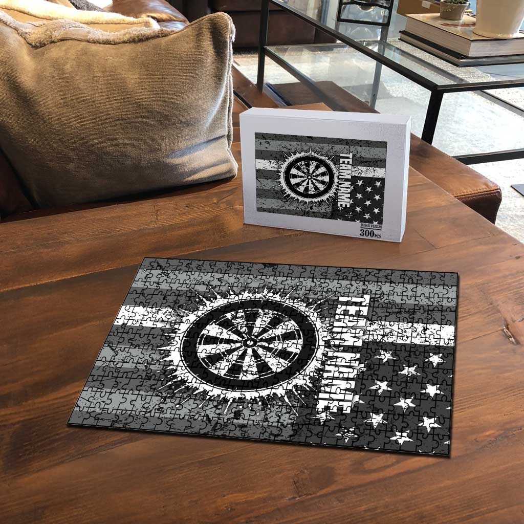 Grunge American Flag Darts Puzzle with Dartboard Target and Black White Stars - Wonder Print Shop