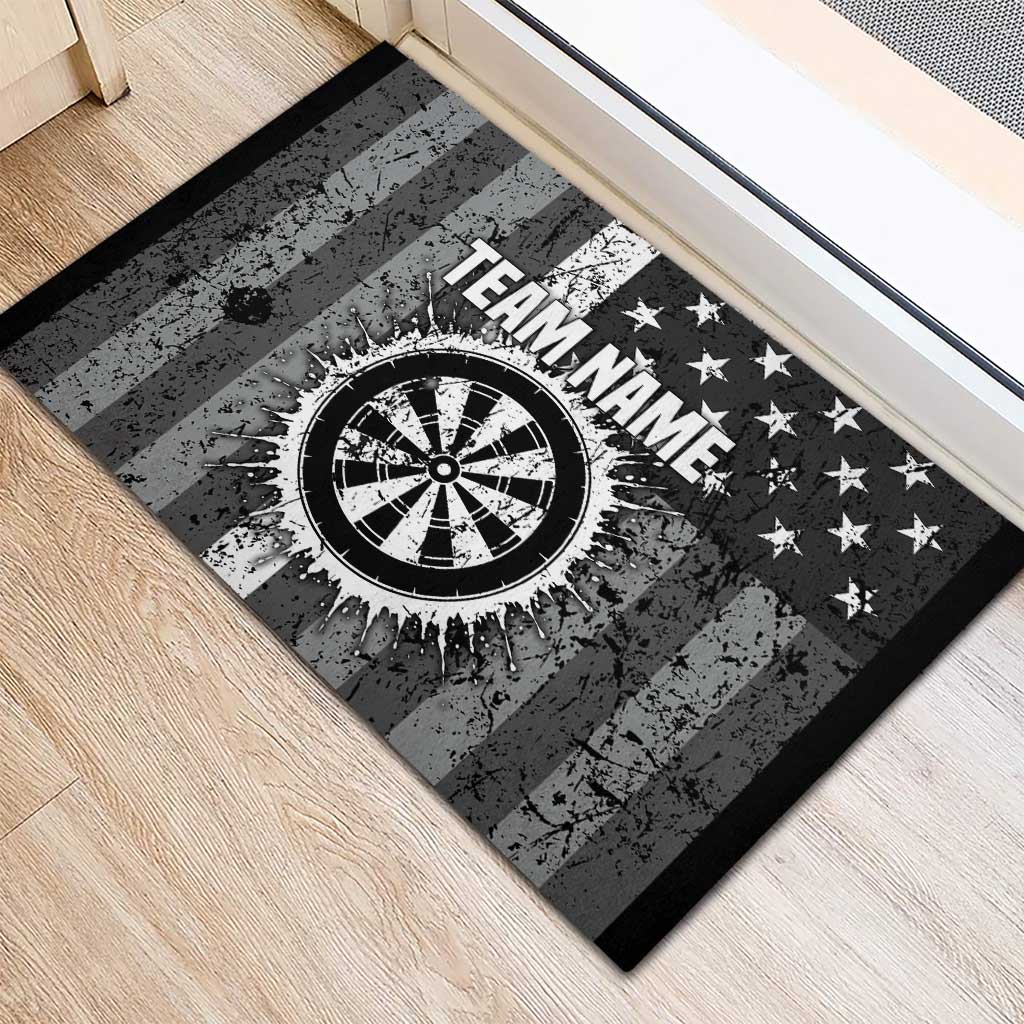 Grunge American Flag Darts Rubber Doormat with Dartboard Target and Black White Stars - Wonder Print Shop