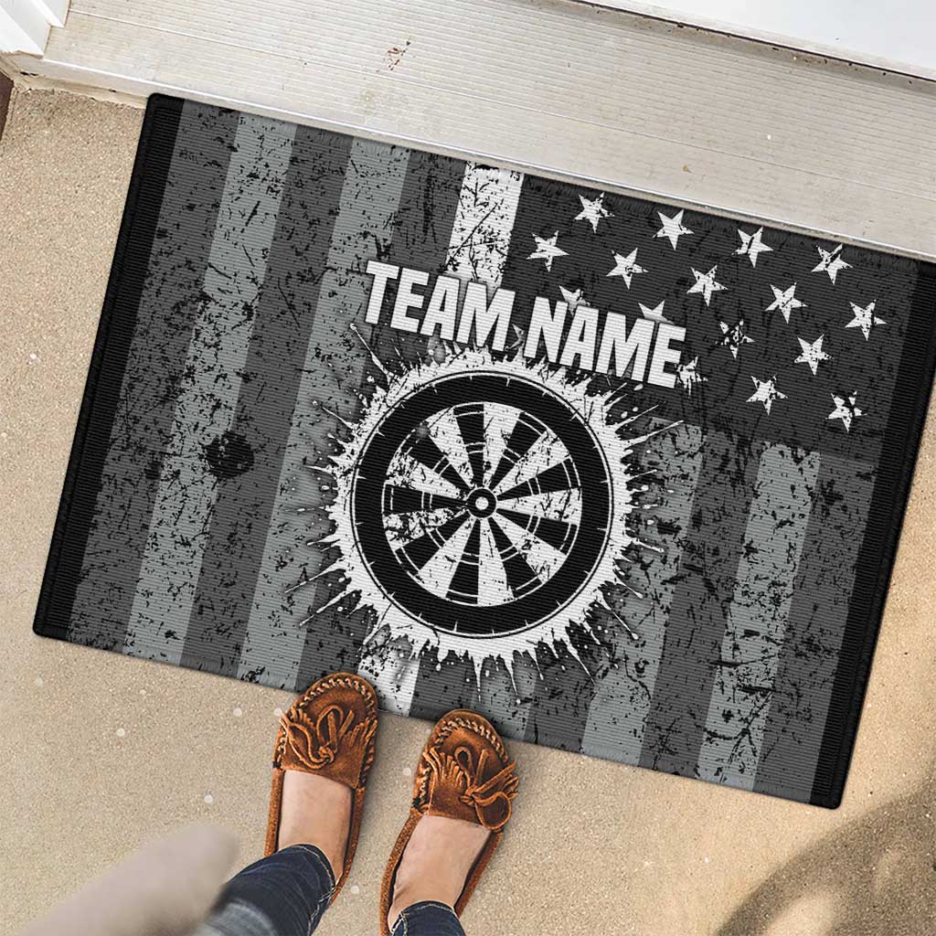 Grunge American Flag Darts Rubber Doormat with Dartboard Target and Black White Stars - Wonder Print Shop