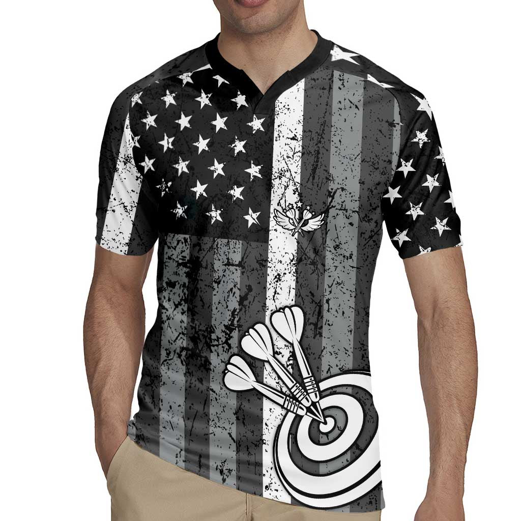 Grunge American Flag Darts Rugby Jersey with Dartboard Target and Black White Stars - Wonder Print Shop