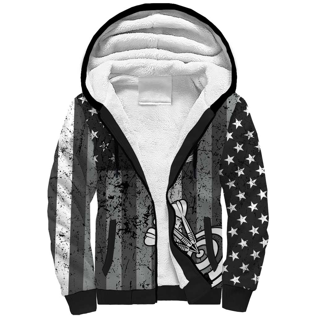 Grunge American Flag Darts Sherpa Hoodie with Dartboard Target and Black White Stars - Wonder Print Shop