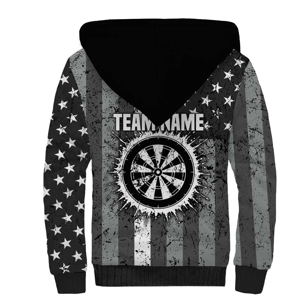 Grunge American Flag Darts Sherpa Hoodie with Dartboard Target and Black White Stars - Wonder Print Shop