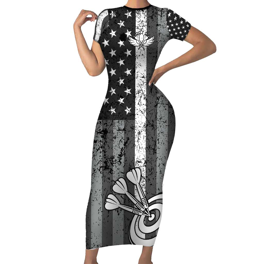 Grunge American Flag Darts Short Sleeve Bodycon Dress with Dartboard Target and Black White Stars - Wonder Print Shop