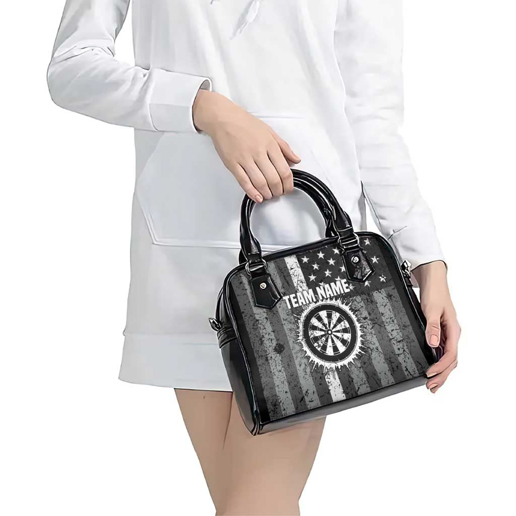 Grunge American Flag Darts Shoulder Handbag with Dartboard Target and Black White Stars - Wonder Print Shop