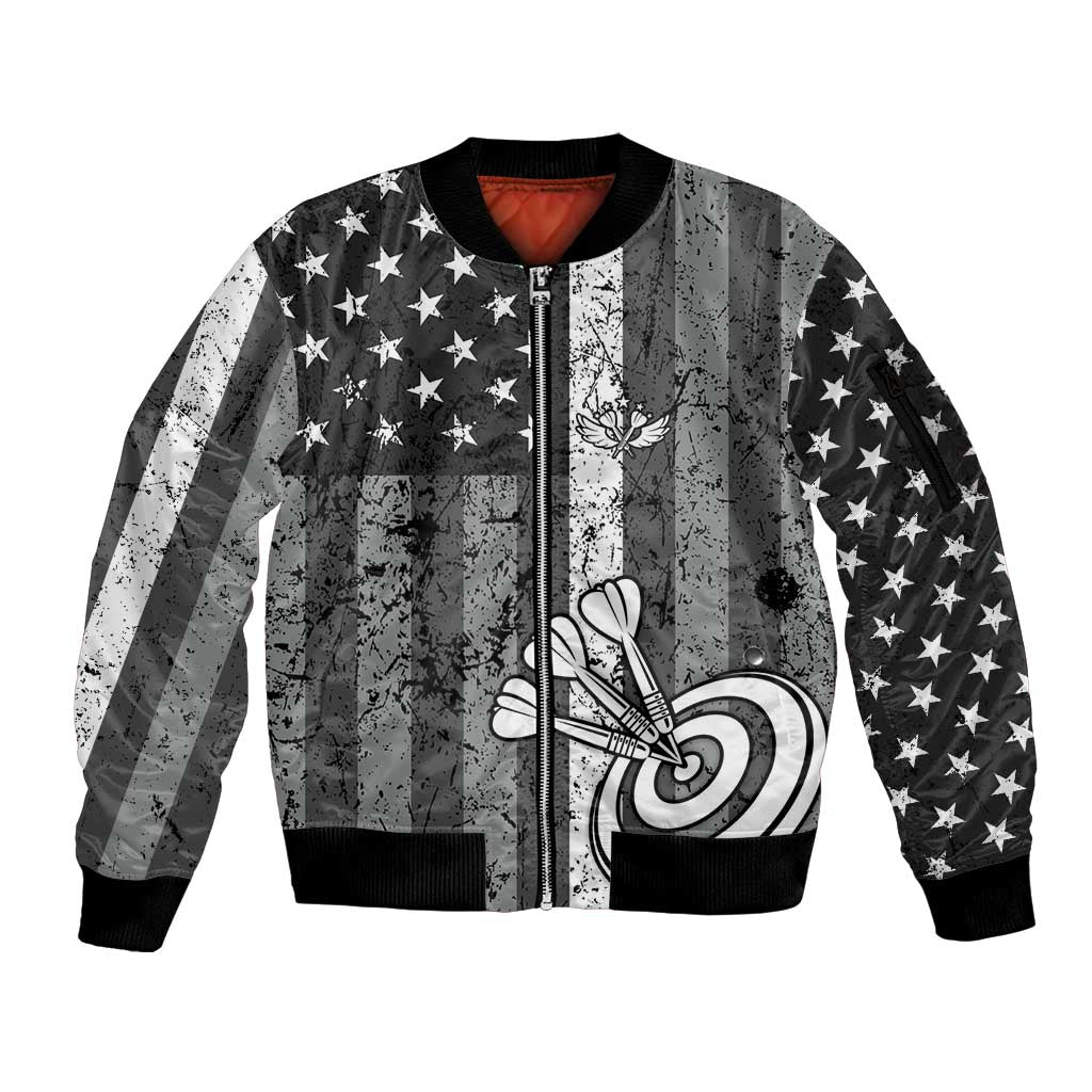 Grunge American Flag Darts Sleeve Zip Bomber Jacket with Dartboard Target and Black White Stars - Wonder Print Shop