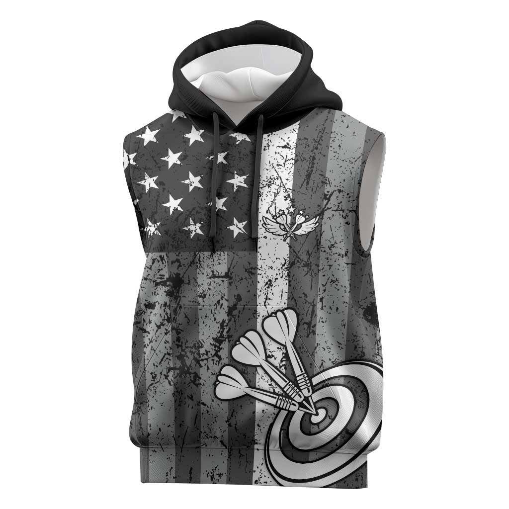 Grunge American Flag Darts Sleeveless Hoodie with Dartboard Target and Black White Stars - Wonder Print Shop