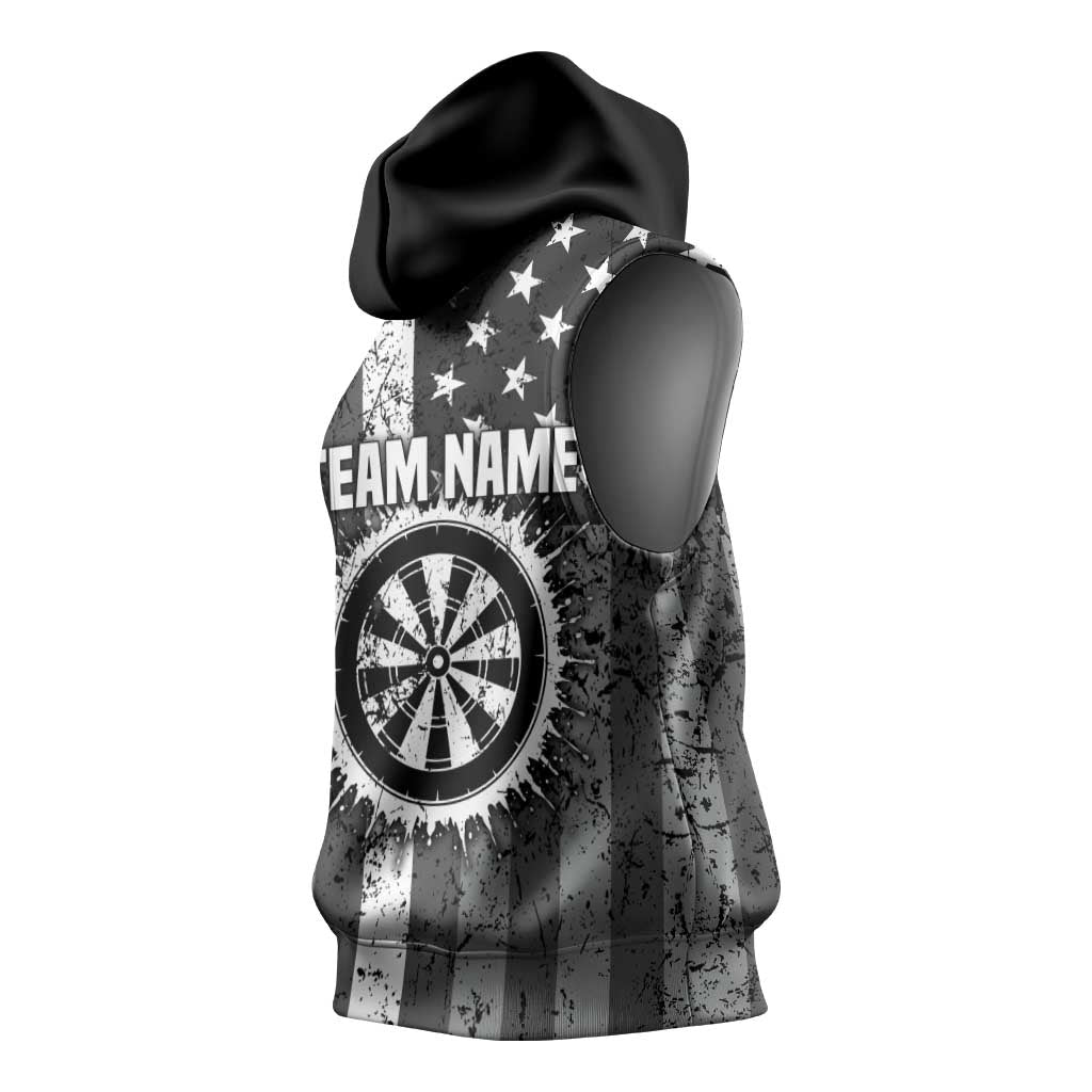 Grunge American Flag Darts Sleeveless Hoodie with Dartboard Target and Black White Stars - Wonder Print Shop