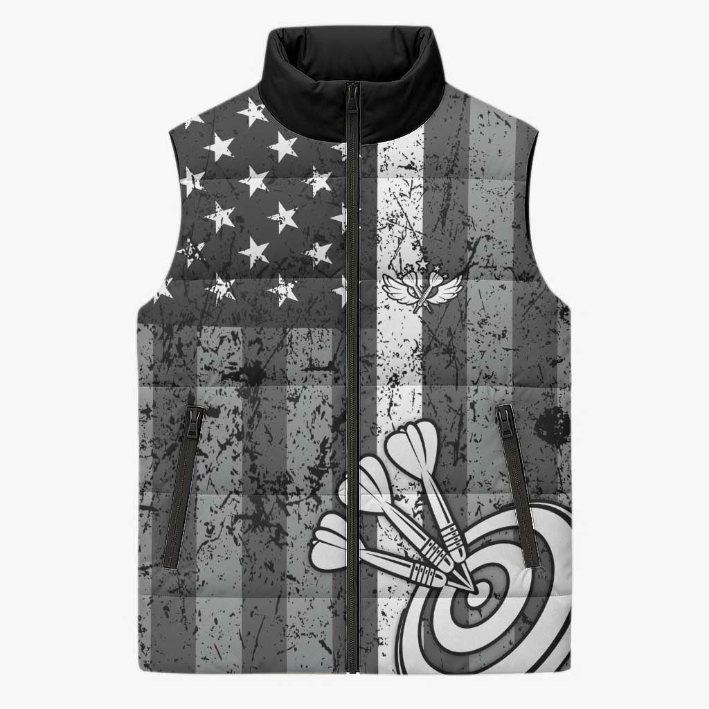 Grunge American Flag Darts Sleeveless Puffer Jacket with Dartboard Target and Black White Stars - Wonder Print Shop