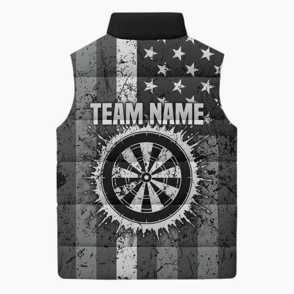 Grunge American Flag Darts Sleeveless Puffer Jacket with Dartboard Target and Black White Stars - Wonder Print Shop