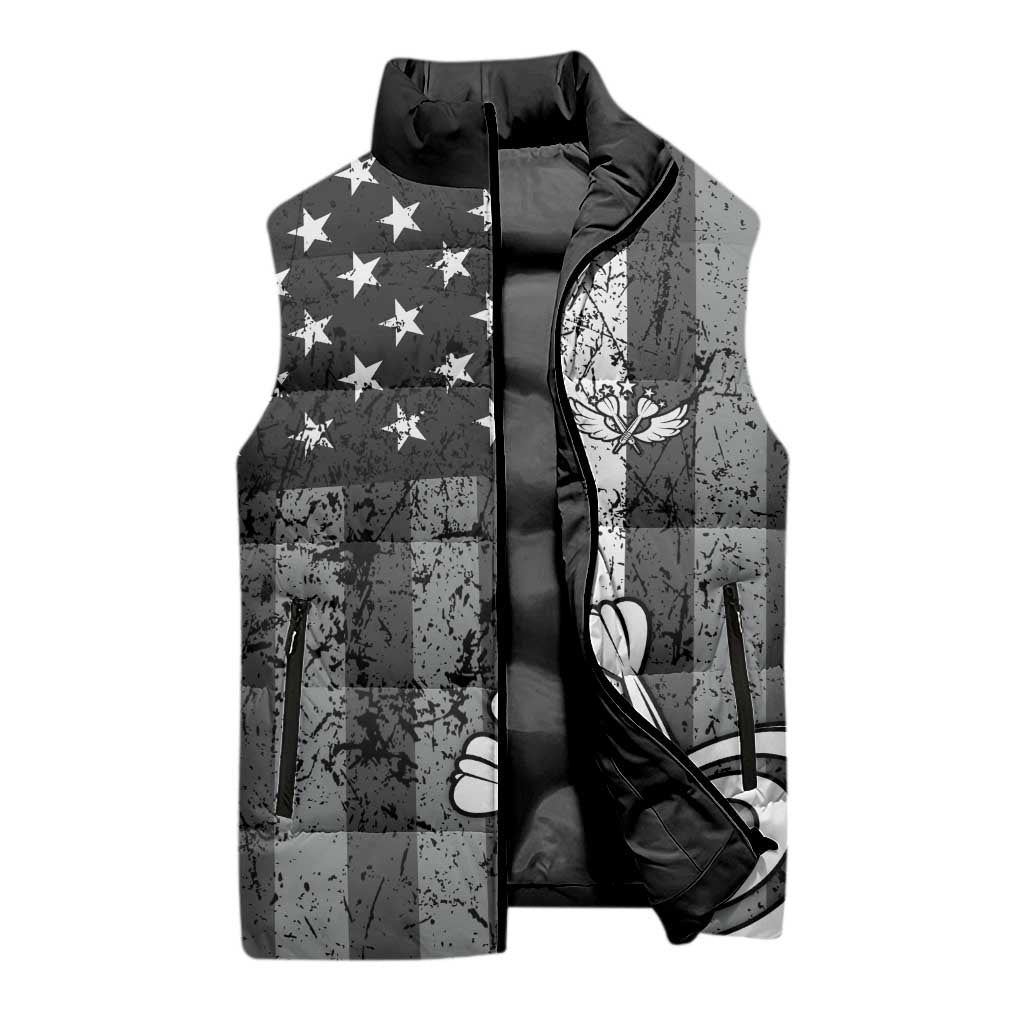 Grunge American Flag Darts Sleeveless Puffer Jacket with Dartboard Target and Black White Stars - Wonder Print Shop