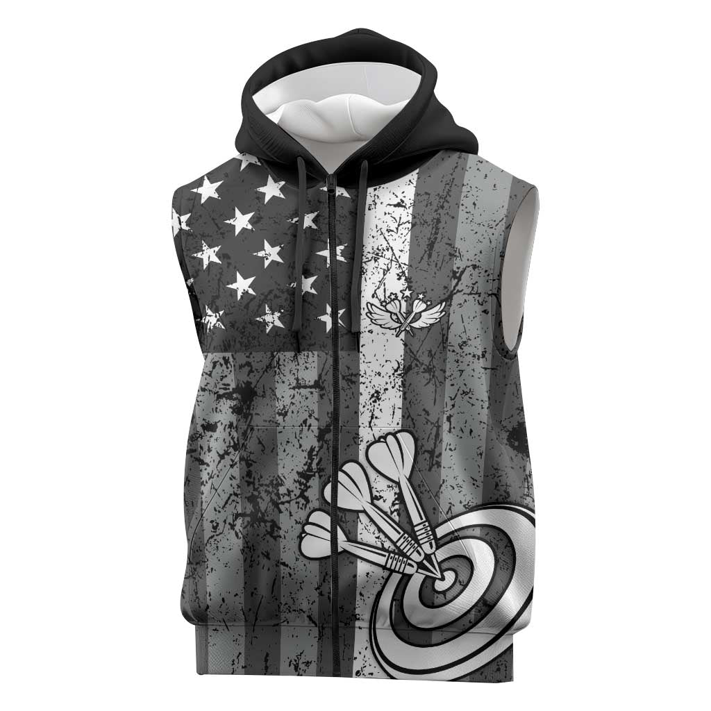 Grunge American Flag Darts Sleeveless Zip Hoodie with Dartboard Target and Black White Stars - Wonder Print Shop