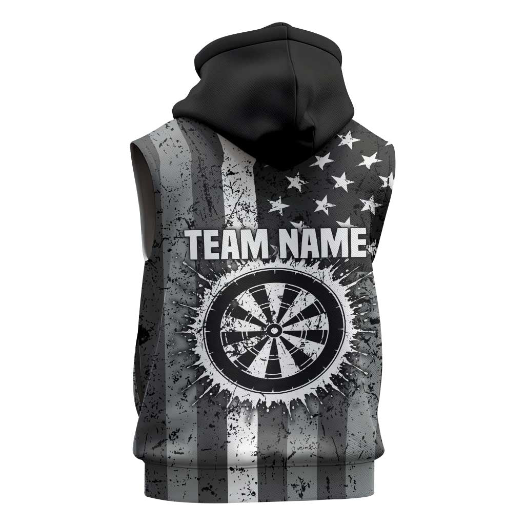Grunge American Flag Darts Sleeveless Zip Hoodie with Dartboard Target and Black White Stars - Wonder Print Shop