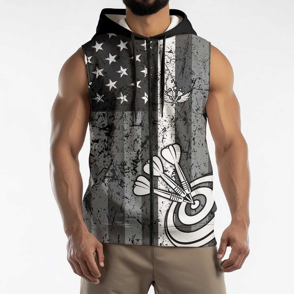 Grunge American Flag Darts Sleeveless Zip Hoodie with Dartboard Target and Black White Stars - Wonder Print Shop