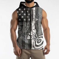 Grunge American Flag Darts Sleeveless Zip Hoodie with Dartboard Target and Black White Stars - Wonder Print Shop