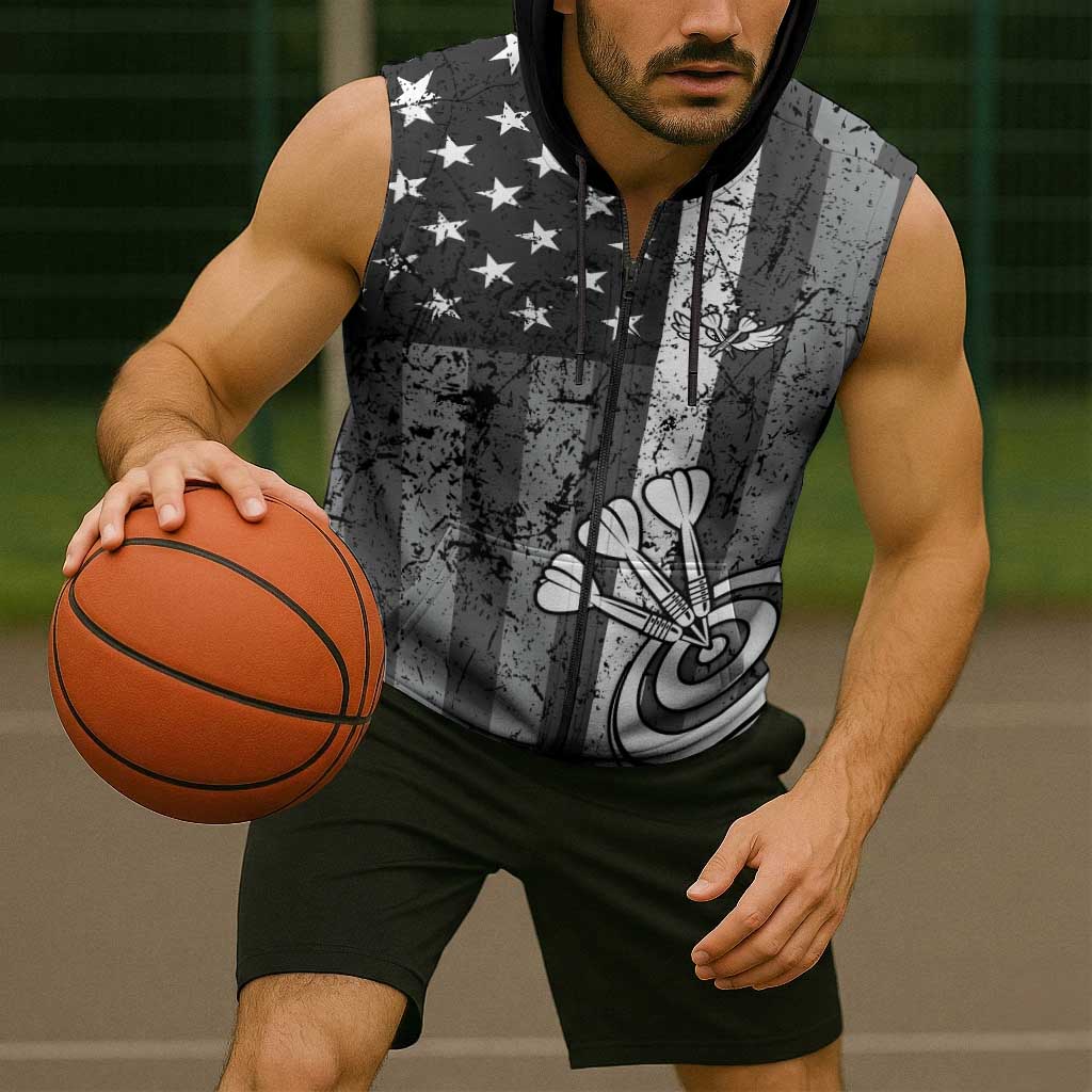 Grunge American Flag Darts Sleeveless Zip Hoodie with Dartboard Target and Black White Stars - Wonder Print Shop
