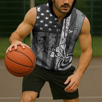Grunge American Flag Darts Sleeveless Zip Hoodie with Dartboard Target and Black White Stars - Wonder Print Shop