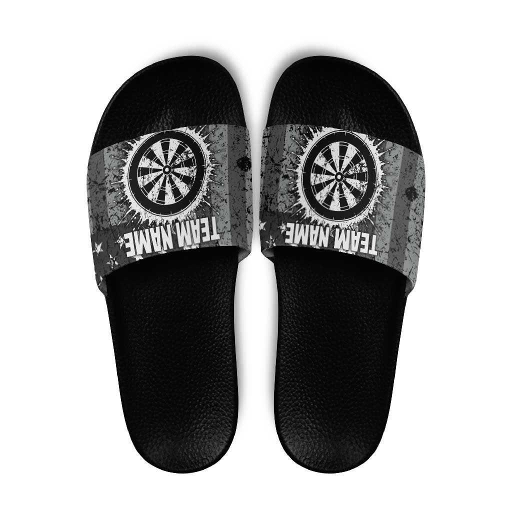 Grunge American Flag Darts Slide Sandals with Dartboard Target and Black White Stars - Wonder Print Shop