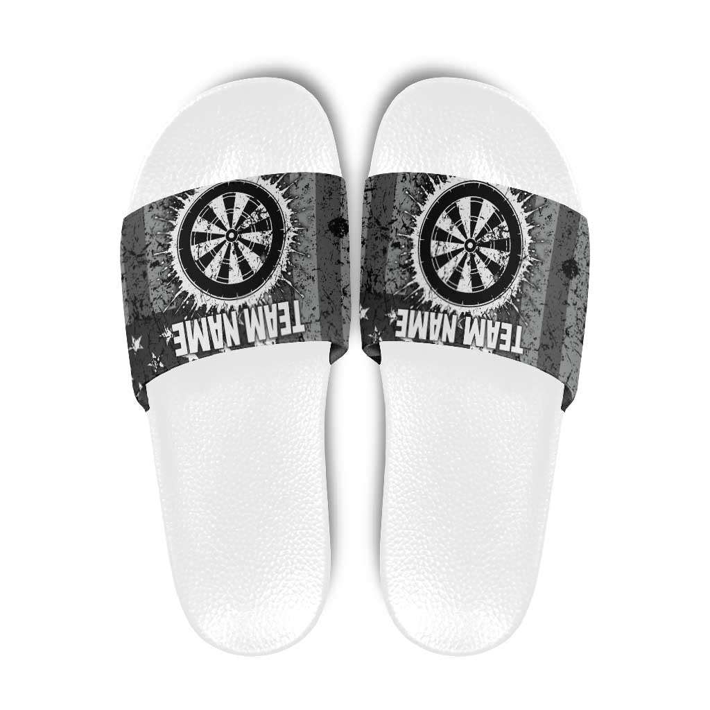 Grunge American Flag Darts Slide Sandals with Dartboard Target and Black White Stars - Wonder Print Shop