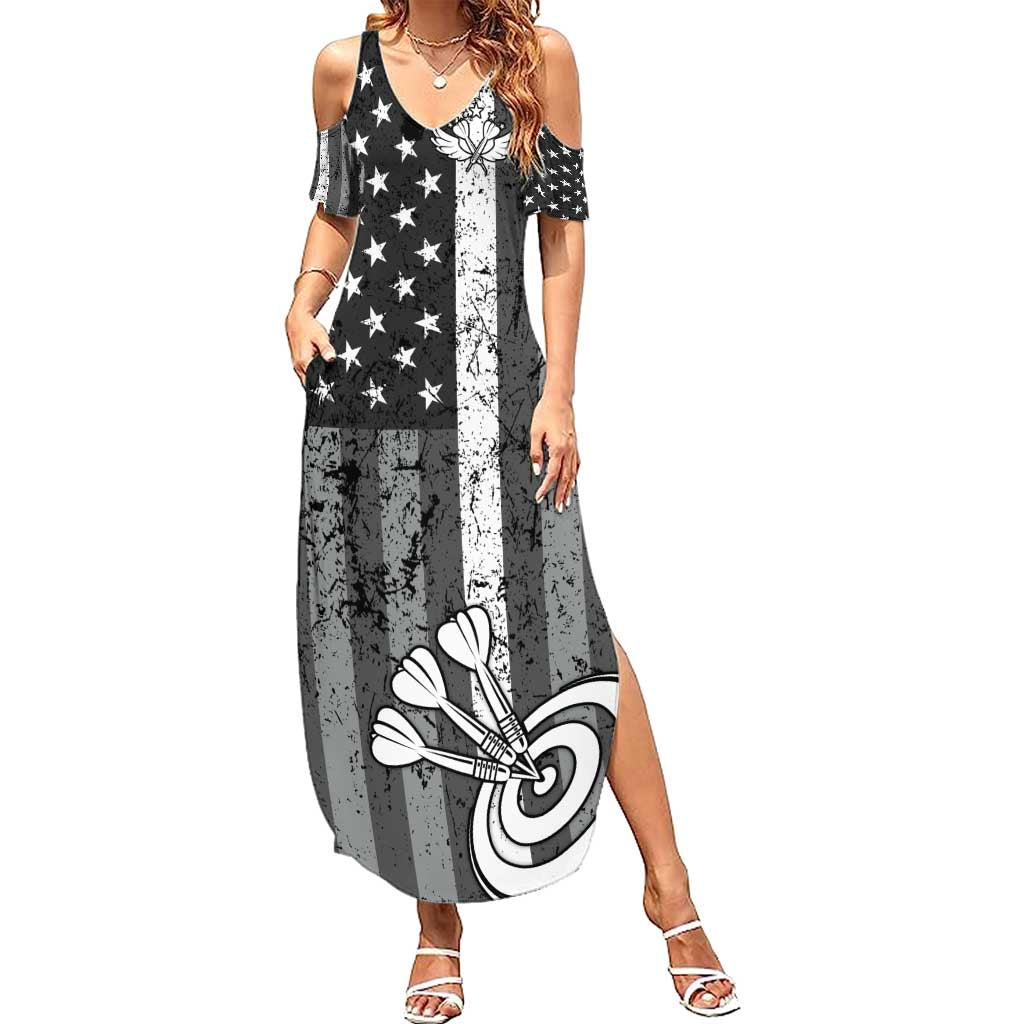 Grunge American Flag Darts Summer Maxi Dress with Dartboard Target and Black White Stars - Wonder Print Shop