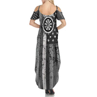 Grunge American Flag Darts Summer Maxi Dress with Dartboard Target and Black White Stars - Wonder Print Shop