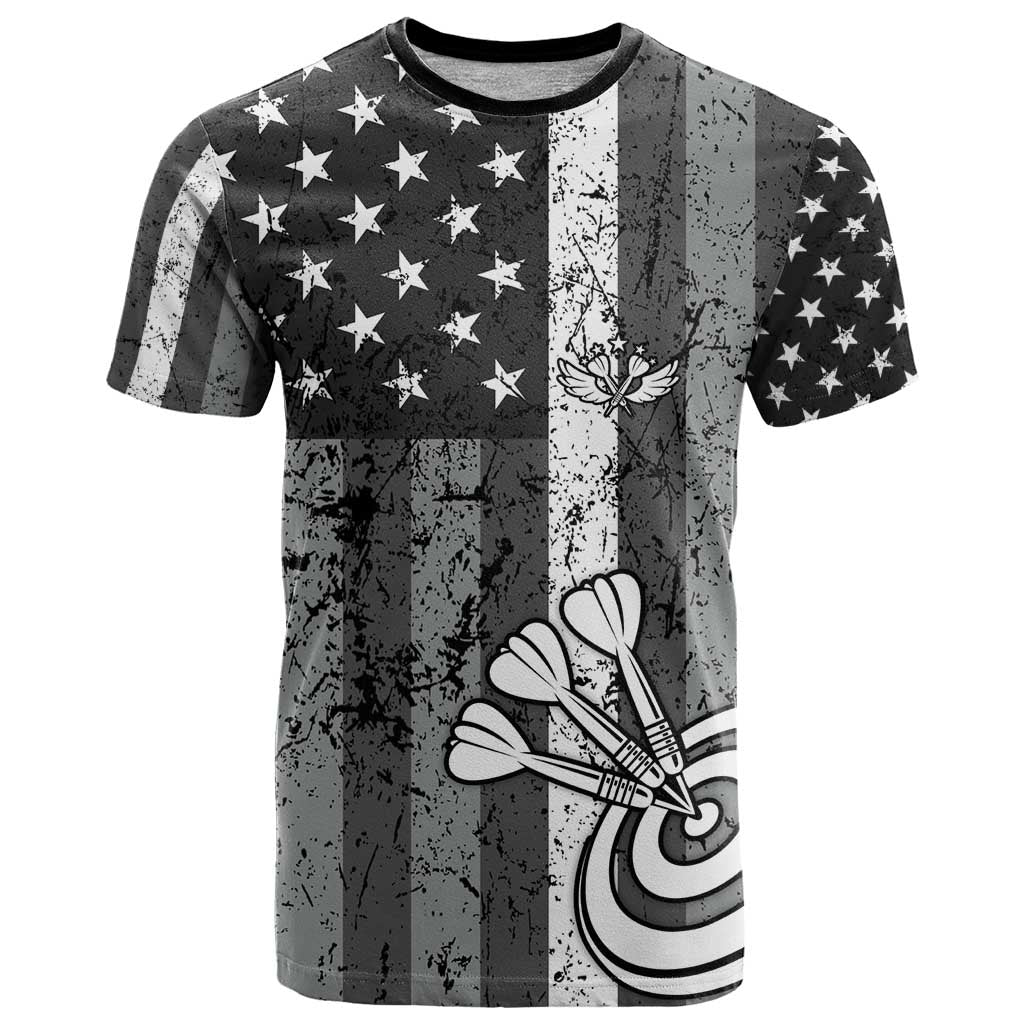 Grunge American Flag Darts T Shirt with Dartboard Target and Black White Stars - Wonder Print Shop