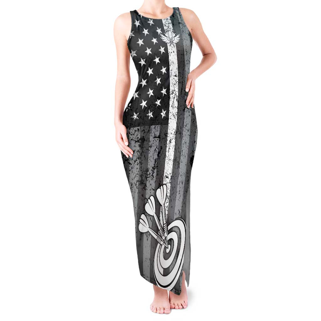 Grunge American Flag Darts Tank Maxi Dress with Dartboard Target and Black White Stars - Wonder Print Shop