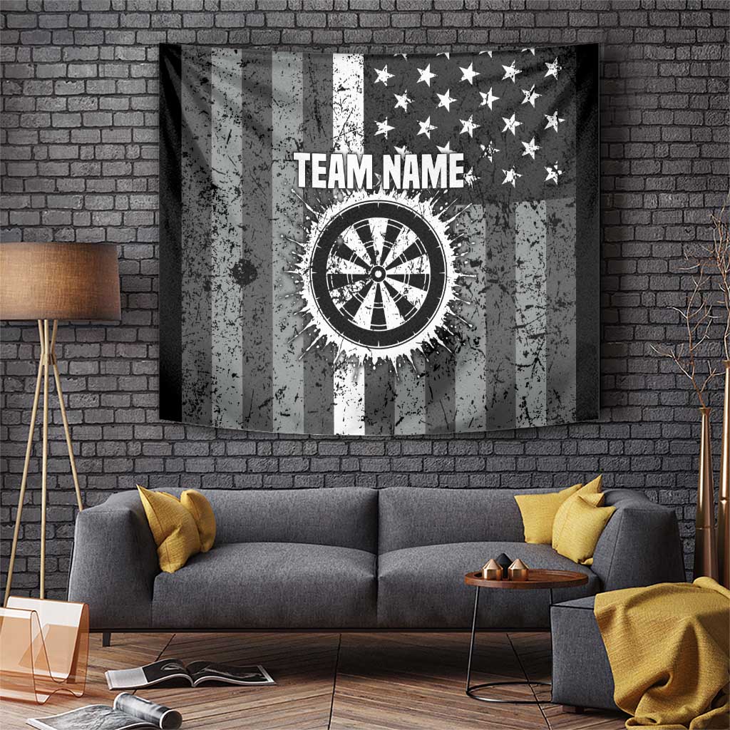Grunge American Flag Darts Tapestry with Dartboard Target and Black White Stars - Wonder Print Shop