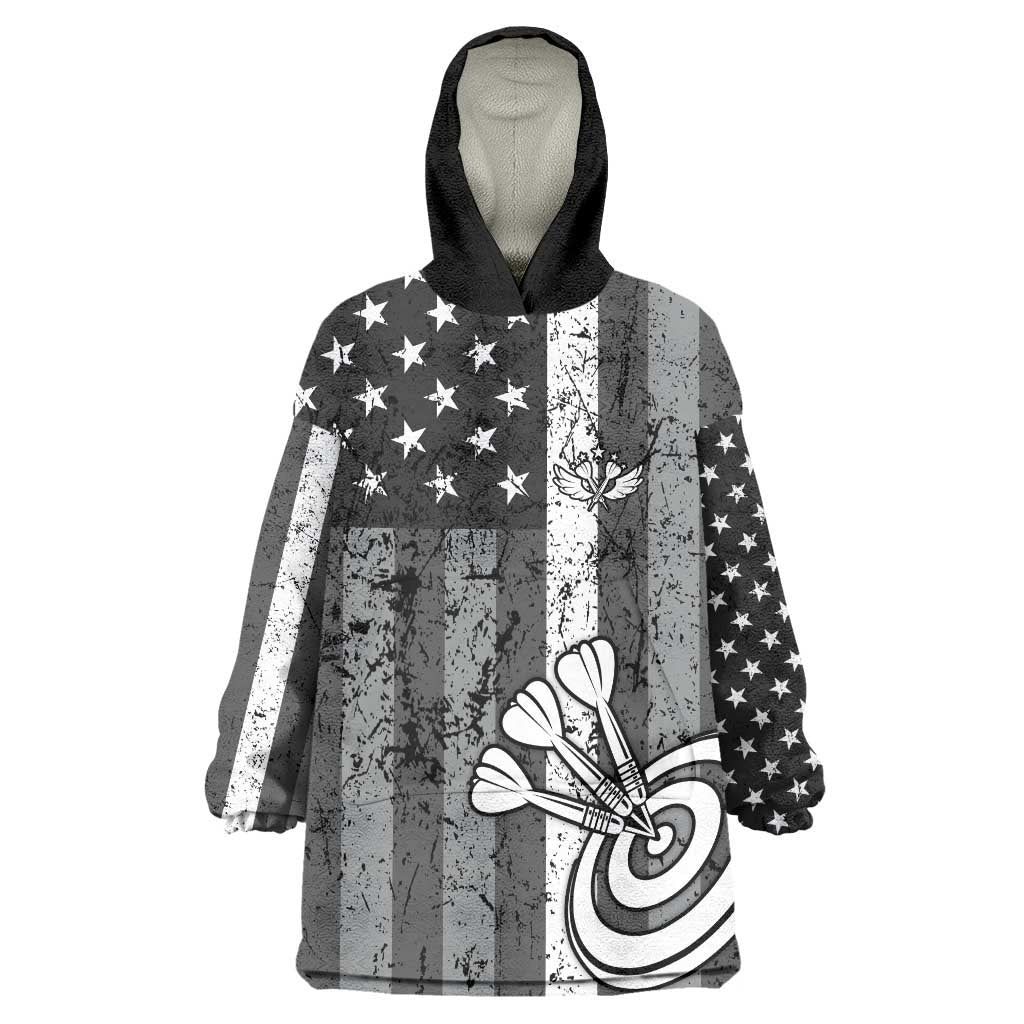 Grunge American Flag Darts Wearable Blanket Hoodie with Dartboard Target and Black White Stars - Wonder Print Shop