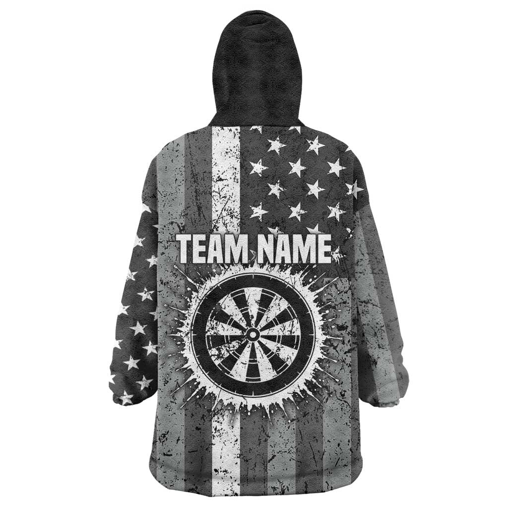 Grunge American Flag Darts Wearable Blanket Hoodie with Dartboard Target and Black White Stars - Wonder Print Shop