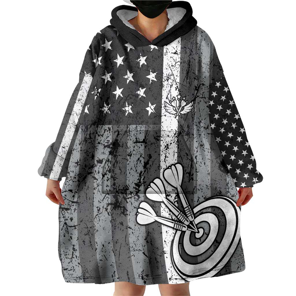 Grunge American Flag Darts Wearable Blanket Hoodie with Dartboard Target and Black White Stars - Wonder Print Shop