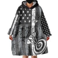 Grunge American Flag Darts Wearable Blanket Hoodie with Dartboard Target and Black White Stars - Wonder Print Shop