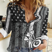 Grunge American Flag Darts Women Casual Shirt with Dartboard Target and Black White Stars - Wonder Print Shop