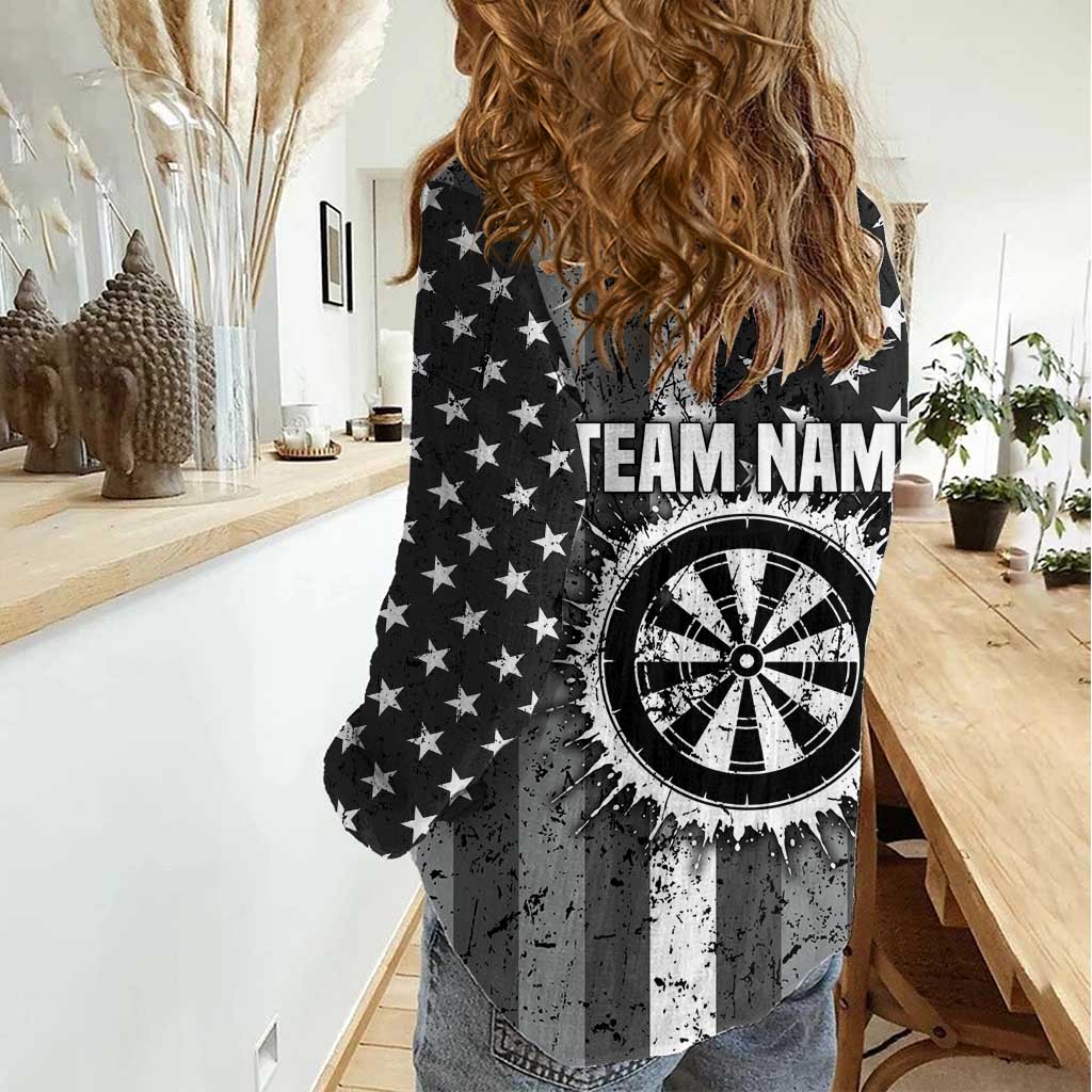Grunge American Flag Darts Women Casual Shirt with Dartboard Target and Black White Stars - Wonder Print Shop
