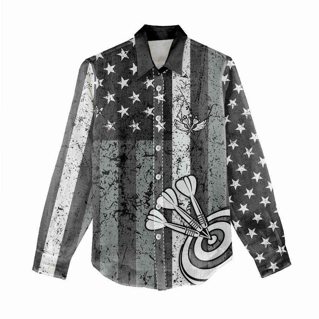 Grunge American Flag Darts Women Casual Shirt with Dartboard Target and Black White Stars - Wonder Print Shop