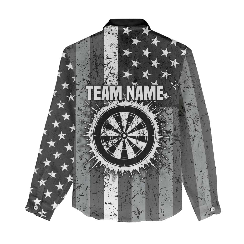 Grunge American Flag Darts Women Casual Shirt with Dartboard Target and Black White Stars - Wonder Print Shop