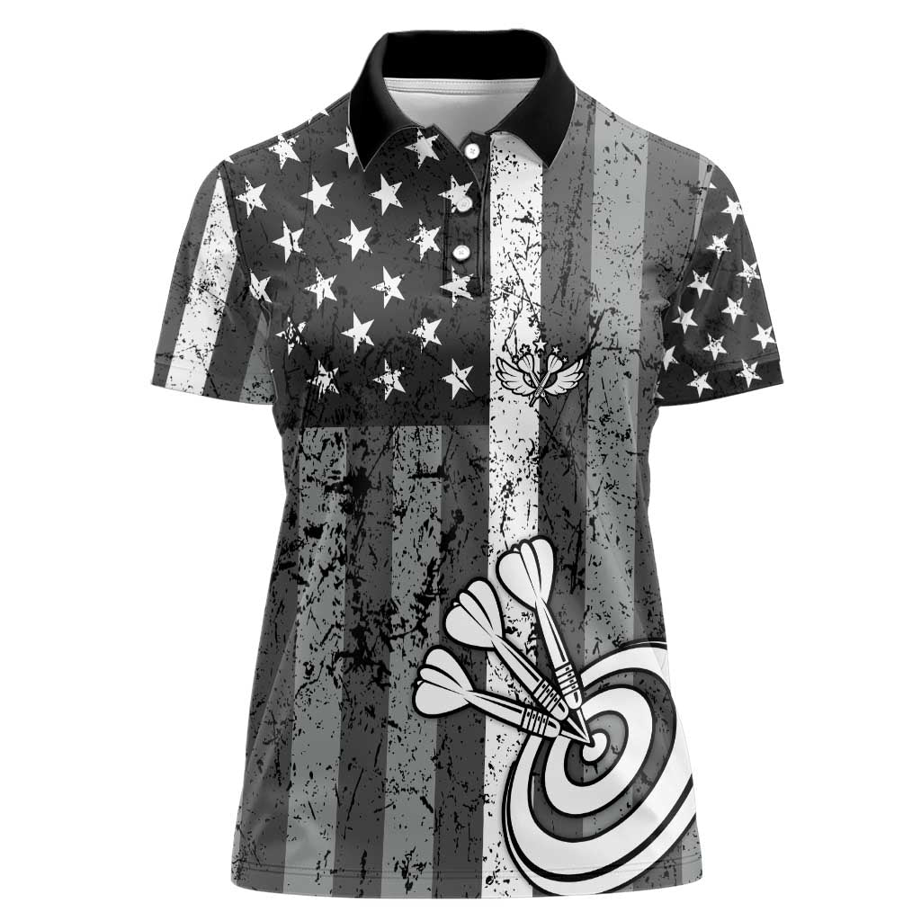Grunge American Flag Darts Women Polo Shirt with Dartboard Target and Black White Stars - Wonder Print Shop