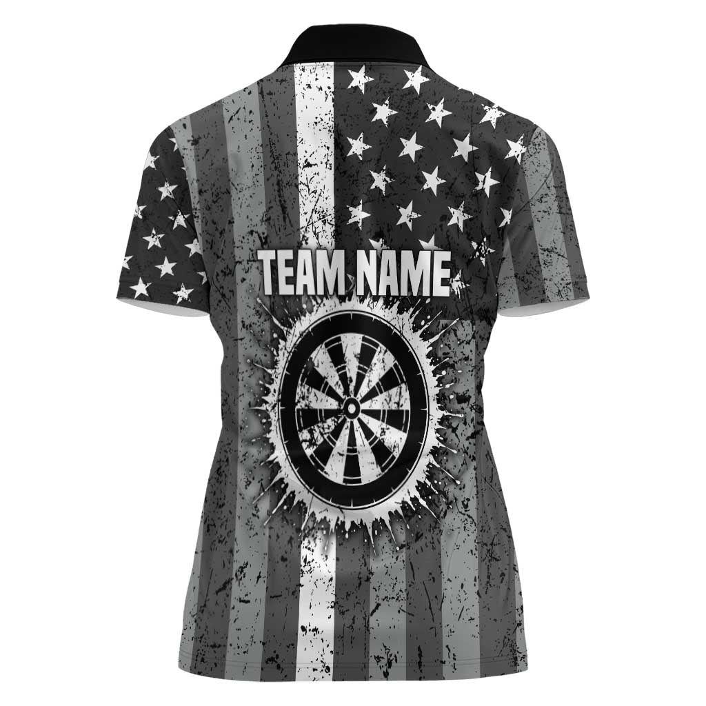 Grunge American Flag Darts Women Polo Shirt with Dartboard Target and Black White Stars - Wonder Print Shop