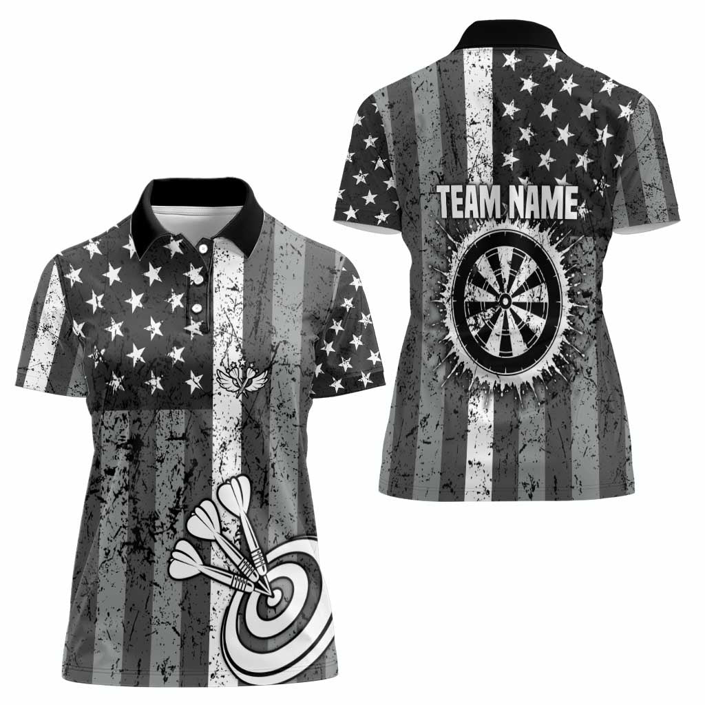 Grunge American Flag Darts Women Polo Shirt with Dartboard Target and Black White Stars - Wonder Print Shop