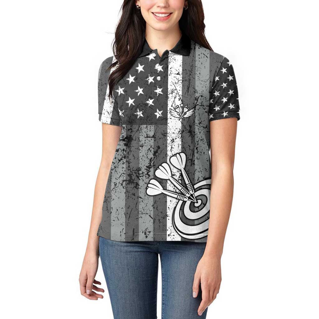 Grunge American Flag Darts Women Polo Shirt with Dartboard Target and Black White Stars - Wonder Print Shop