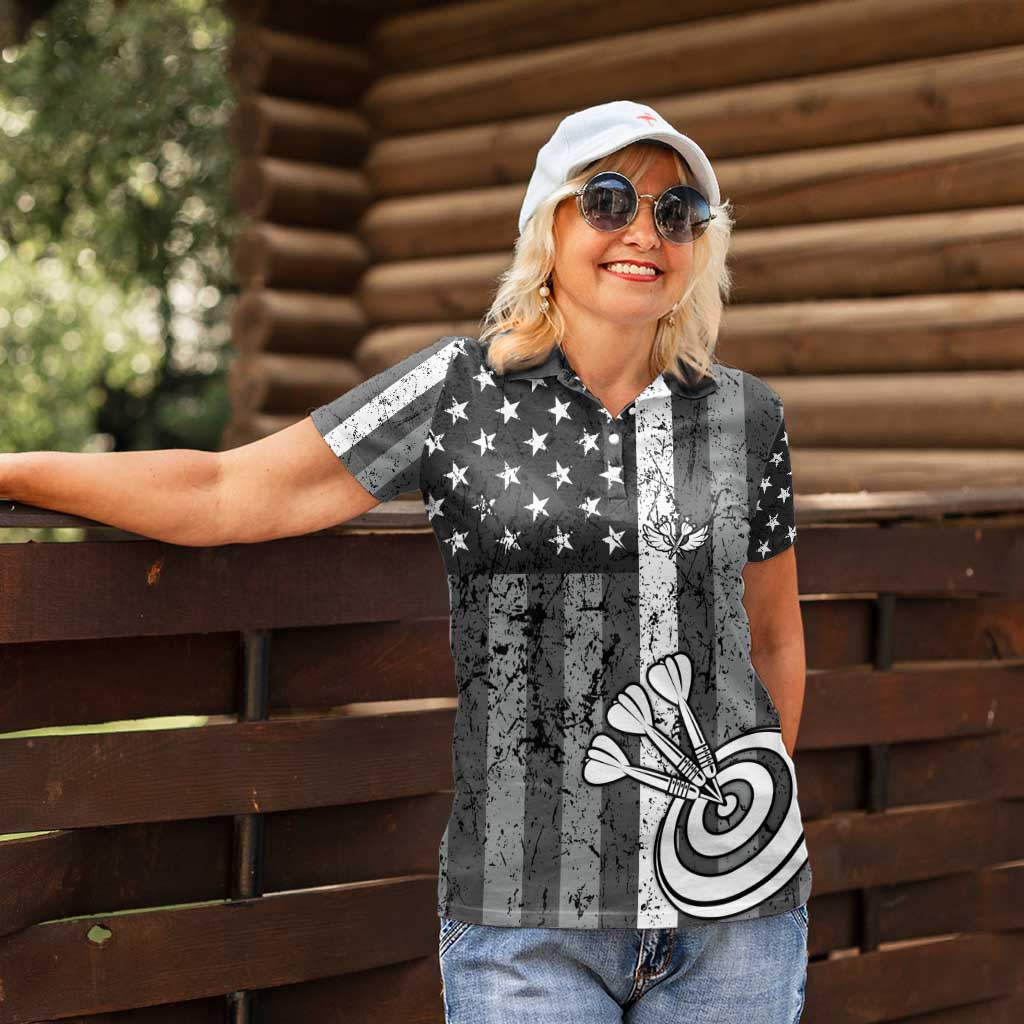 Grunge American Flag Darts Women Polo Shirt with Dartboard Target and Black White Stars - Wonder Print Shop