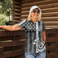 Grunge American Flag Darts Women Polo Shirt with Dartboard Target and Black White Stars - Wonder Print Shop