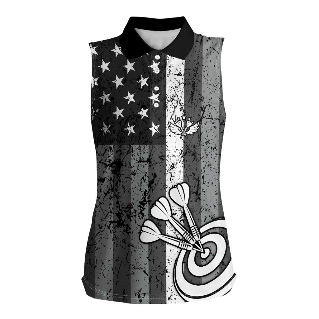 Grunge American Flag Darts Women Sleeveless Polo Shirt with Dartboard Target and Black White Stars - Wonder Print Shop
