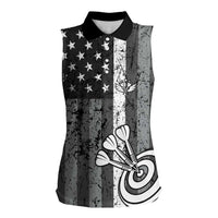 Grunge American Flag Darts Women Sleeveless Polo Shirt with Dartboard Target and Black White Stars - Wonder Print Shop