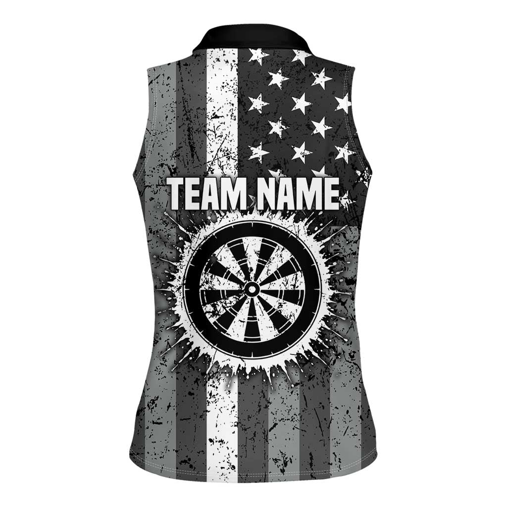 Grunge American Flag Darts Women Sleeveless Polo Shirt with Dartboard Target and Black White Stars - Wonder Print Shop