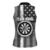 Grunge American Flag Darts Women Sleeveless Polo Shirt with Dartboard Target and Black White Stars - Wonder Print Shop