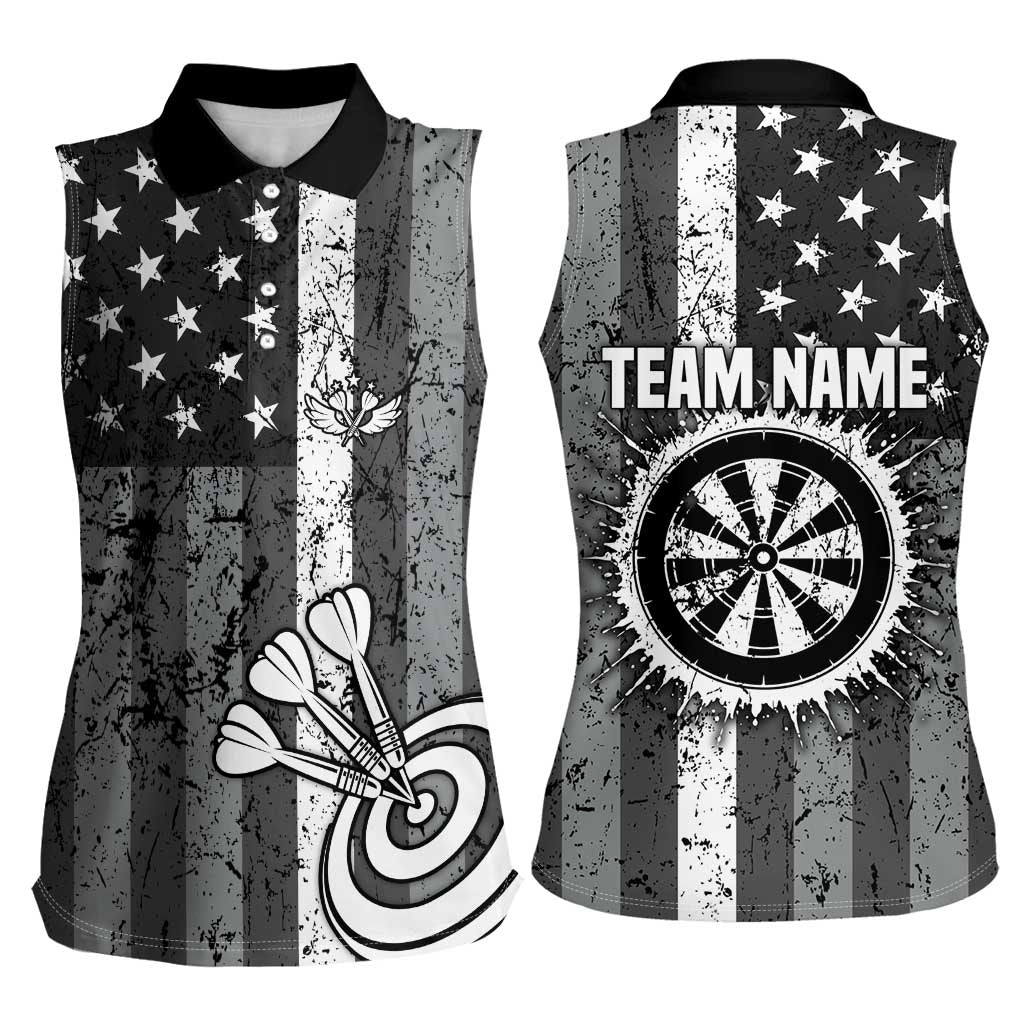 Grunge American Flag Darts Women Sleeveless Polo Shirt with Dartboard Target and Black White Stars - Wonder Print Shop