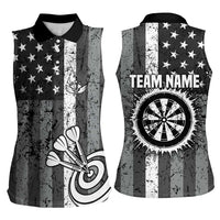 Grunge American Flag Darts Women Sleeveless Polo Shirt with Dartboard Target and Black White Stars - Wonder Print Shop